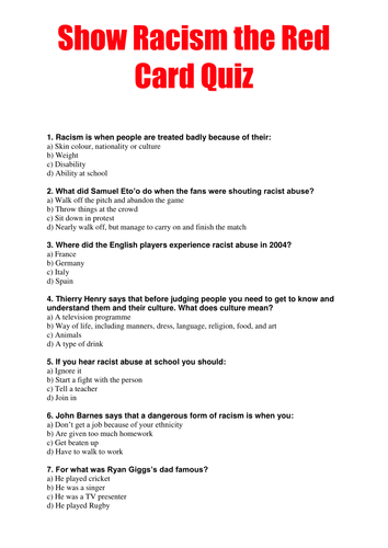Printables Racism Worksheets racism by michael gamble teaching resources tes show the red card quiz docx