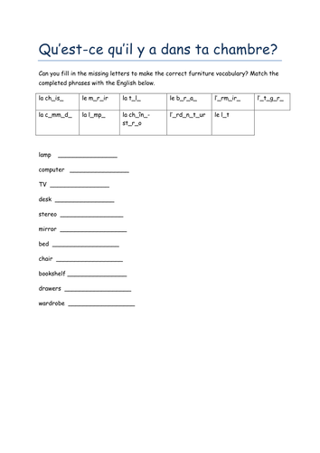 dans la chambre missing letters