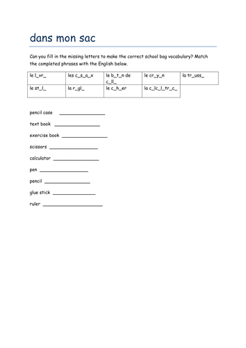 dans mon sac missing letters