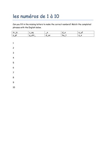 les numeros 1-10 missing letters