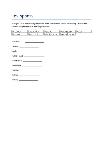les sports missing letters