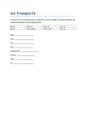 les transports missing letters