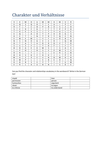 Charakter und Verhaeltnisse Wordsearch