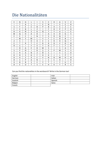 die Nationalitaeten wordsearch