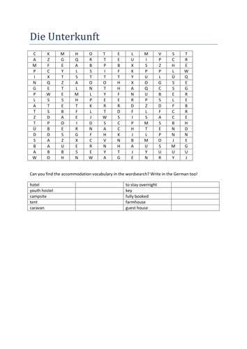 die Unterkunft wordsearch