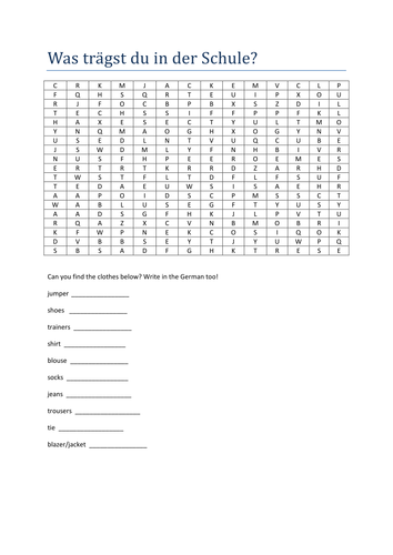 Was traegst du in der Schule? Wordsearch