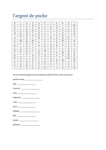 argent de poche wordsearch