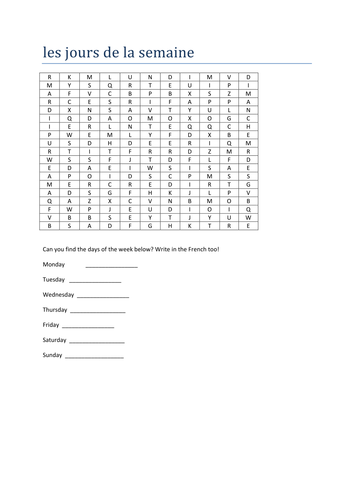 les jours de la semaine wordsearch