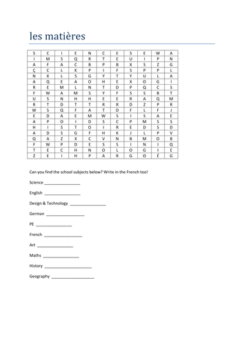 les matieres wordsearch