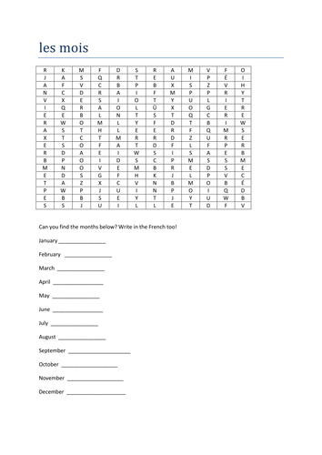 les mois wordsearch