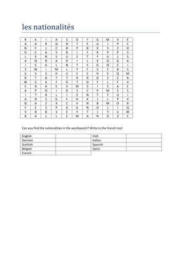 les nationalites wordsearch