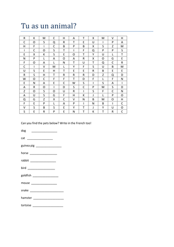 tu as un animal? Wordsearch