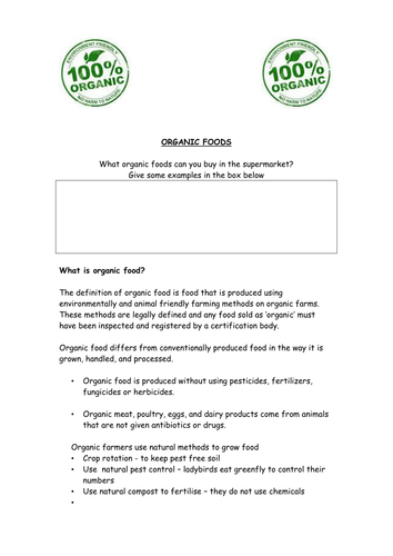 Organic Food Worksheet Organic Food