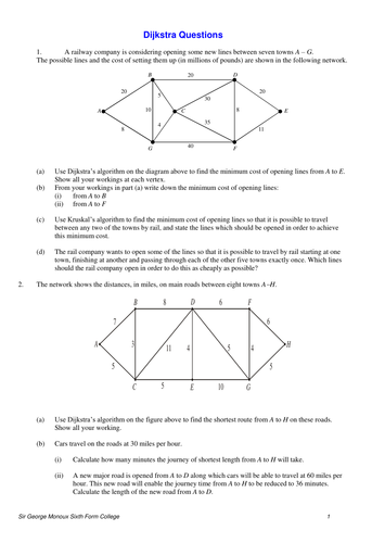 Worksheet on Dijkstra's Algorithm