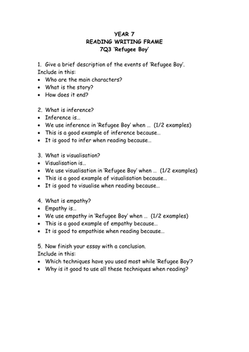 Writing frame for Refugee Boy