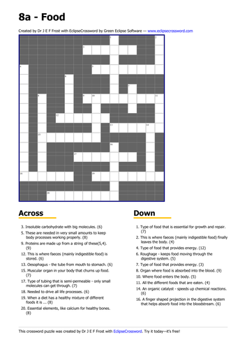 Food and digestion crossword Teaching Resources