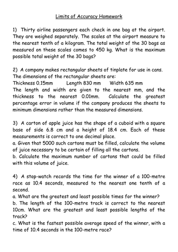 KS4 Worksheet – Limits of Accuracy Homework