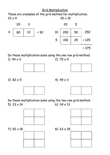 KS3 Worksheet – Level 4 – 2x1 Grid Multiplication