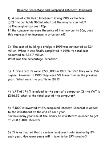 KS4 Worksheet – Reverse % and Compound Interest