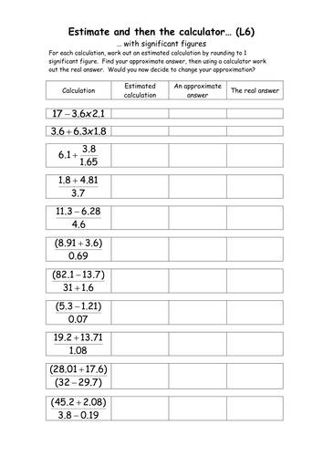 Maths KS3 Worksheet– Estimate, Calculate