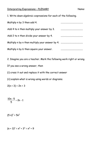 KS3 Worksheet – L5 Interpreting Expressions