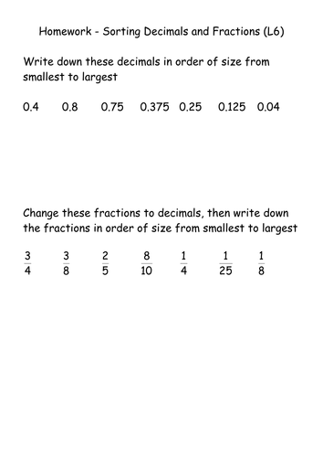 KS3 Worksheet – L5 Sorting Decimal & Fractions