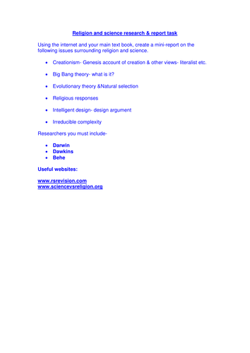 Religion and Science - homework/research task