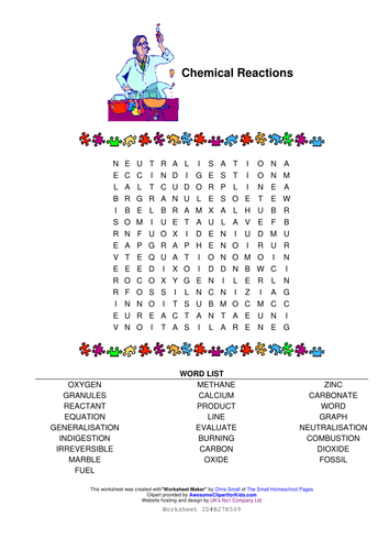 chemical reactions wordsearch teaching resources