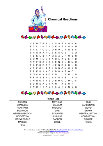 Chemical reactions wordsearch