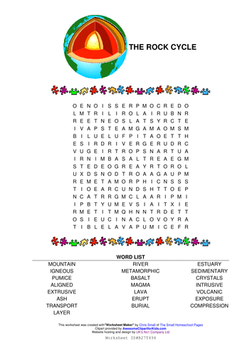 Rock cycle wordsearch