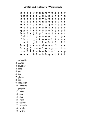 Arctic and antarctic wordsearch