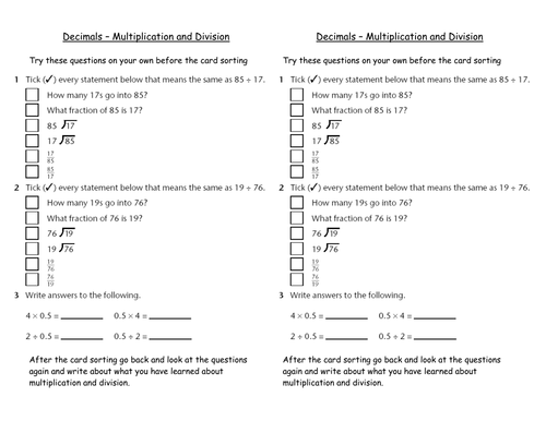 Card Sort - Mul and Divide Decimals Misconceptions