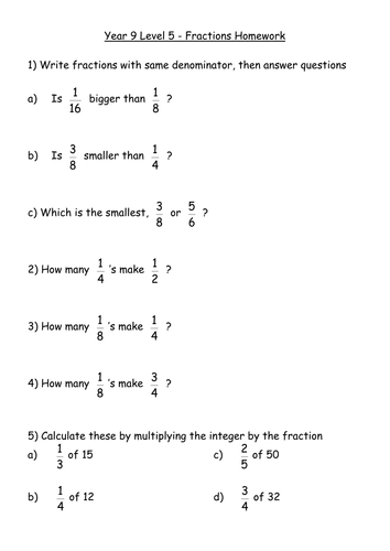 KS4 Worksheet – L5 Homework various Fractions