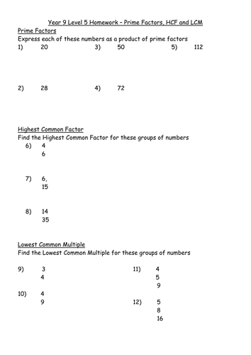 KS4 Worksheet – L5 Prime Factors HCF and LCM