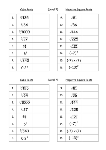 KS4 Worksheet – L7 Cube & Neg Square Root