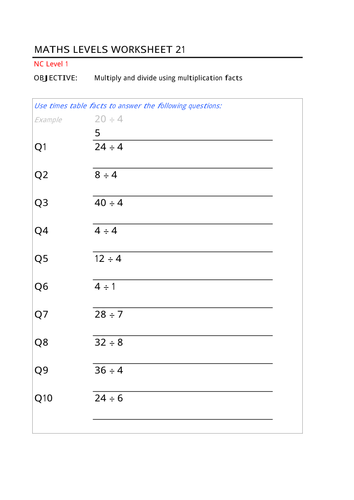 Division Facts (Four Times Table)