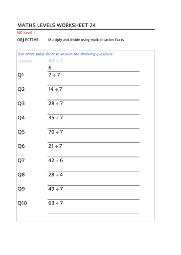 Division Facts (Seven Times Table)