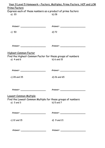 KS4 Worksheet – L5 HW - Prime Factors HCF and LCM