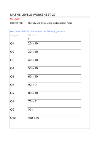 Division Facts (Ten Times Table)