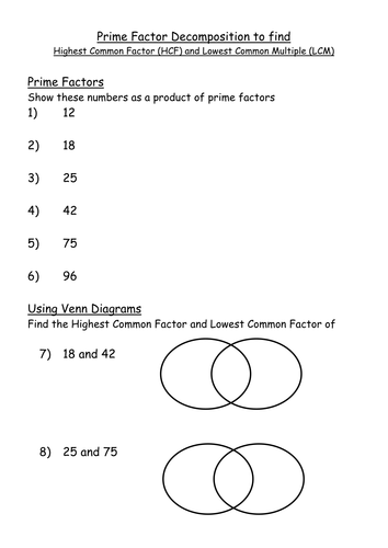 KS4 Worksheet – L6 Prime Factor Decomposition HCF