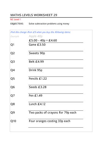 Subtraction using Money