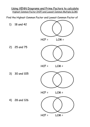 Maths Ks4 Worksheet Hcf And Lcm Venn Diagram Pfd Teaching Resources