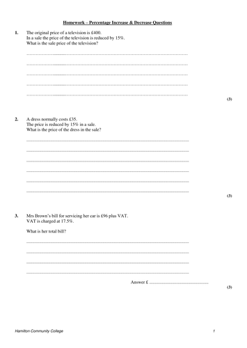 Maths KS4 Worksheet    Percentage Increase Decrease