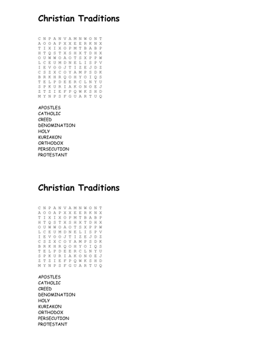 Christian traditions wordsearch