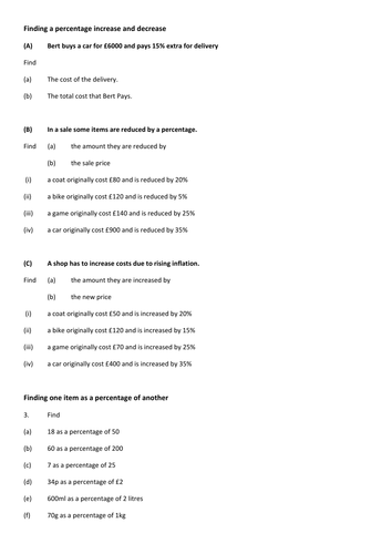 KS4 Worksheet – U2 percentages increase decrease