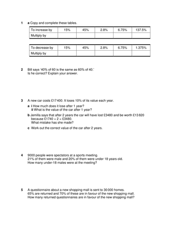 KS4 Worksheet – U2 percentages