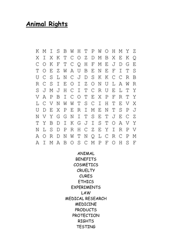 Animal Rights wordsearch