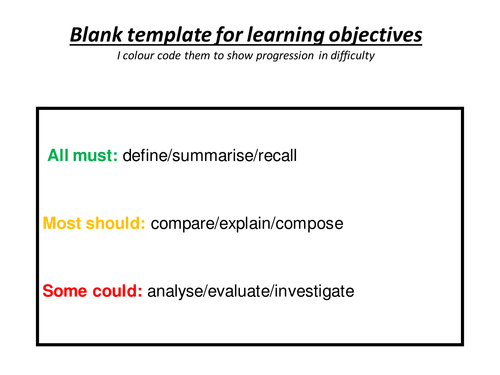 Tiered learning objectives template (colour coded)