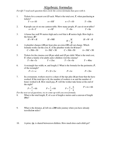 Algebraic Formulae - introduction | Teaching Resources