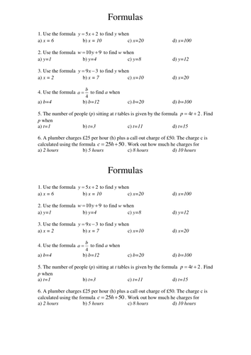 Formulae drilling worksheet